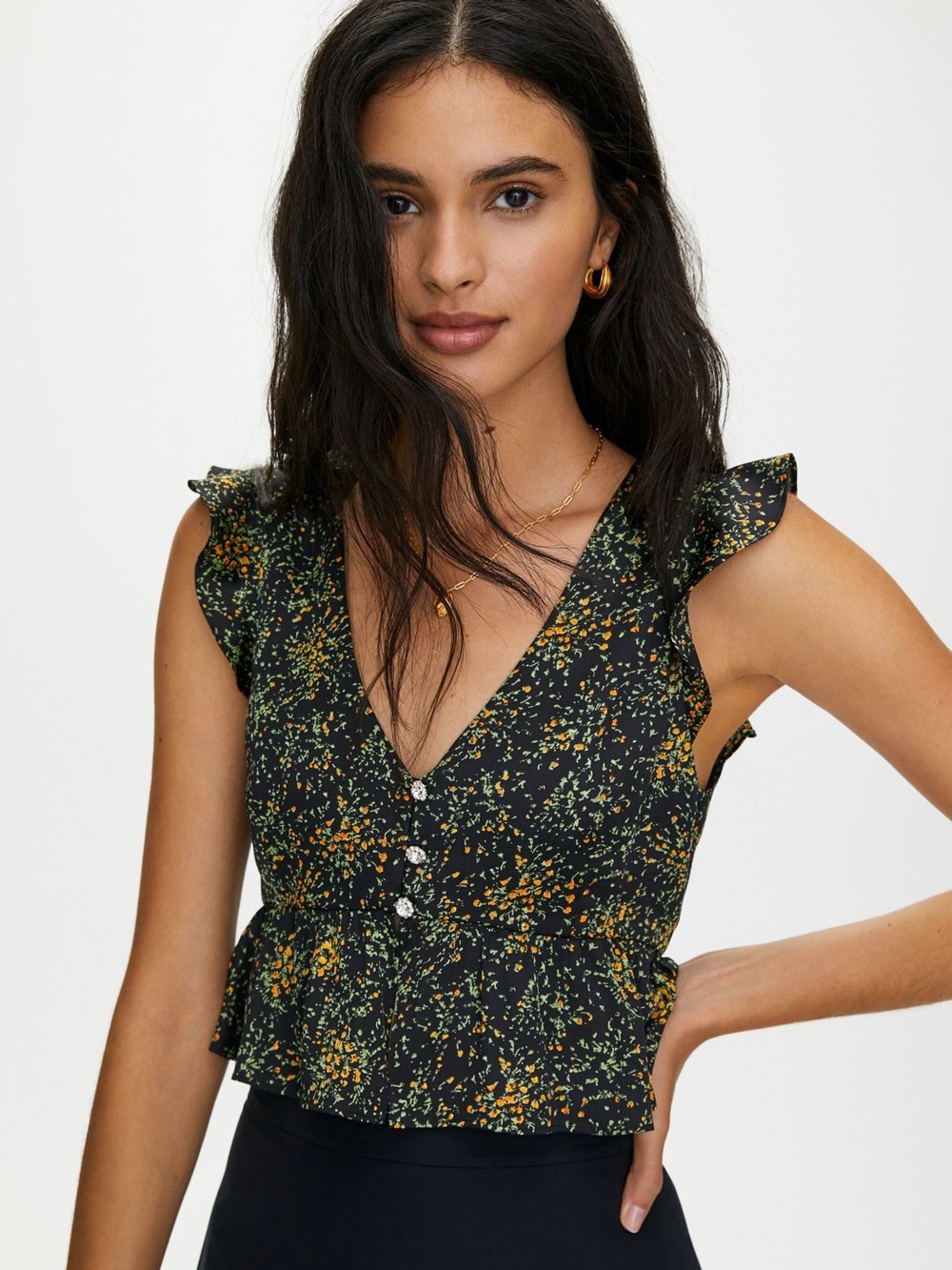 Little Moon Aritzia Black Floral V-Neck Ruffle Top